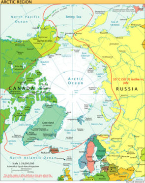 Arktyka - granica określona izotermą 10 C w czerwcu. Grafika - Wikimedia Commons